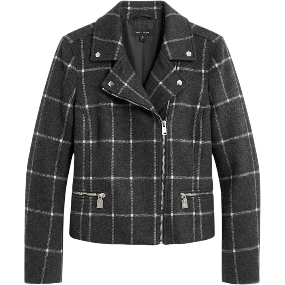 Ann Taylor Womens Grey Plaid Wool Blend Moto Jacket Size M Windowpane Zip Coat